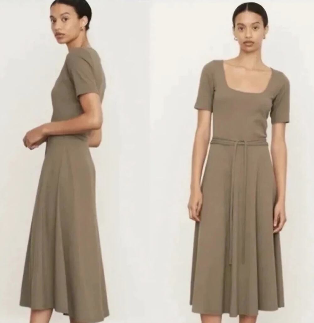 Vince Scoop Neck Short Sleeve String Tie Waist Jersey Midi Dress Khaki Taupe 6